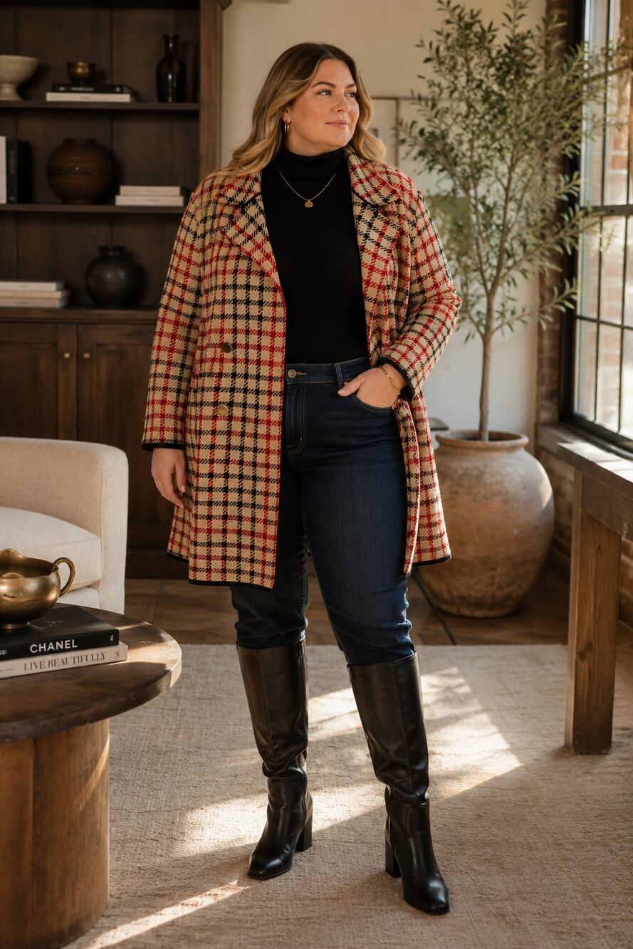 Kasper Plaid Coatigan Open Front Sweater Cardigan Jacket 3X Red Tan Plus Size